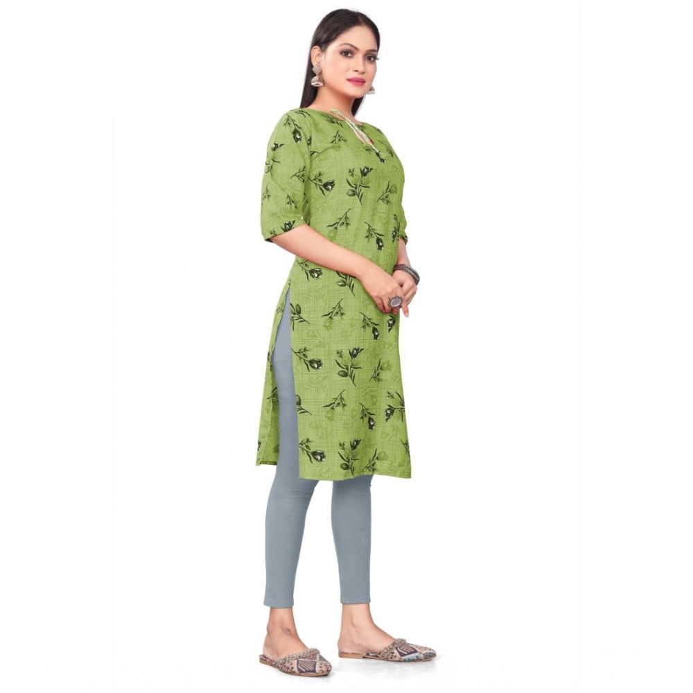 Generic Women's Casual 3/4th Sleeve Floral Print Polyester Knee Length Straight Kurti (Green)