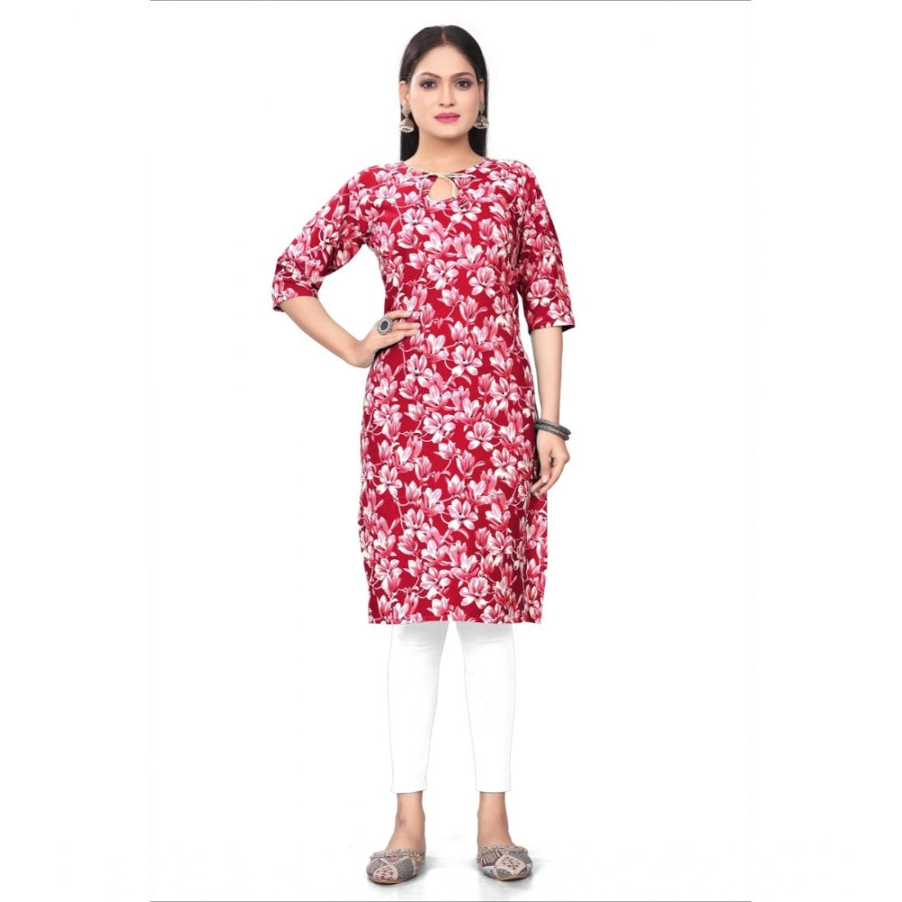 Generic Women's Casual 3/4th Sleeve Floral Print Polyester Knee Length Straight Kurti (Red)