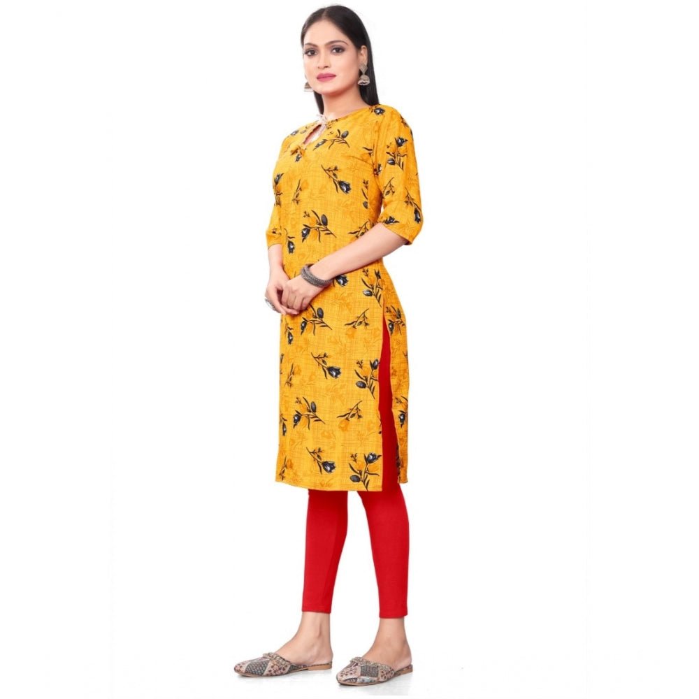 Generic Women's Casual 3/4th Sleeve Floral Print Polyester Knee Length Straight Kurti (Yellow)