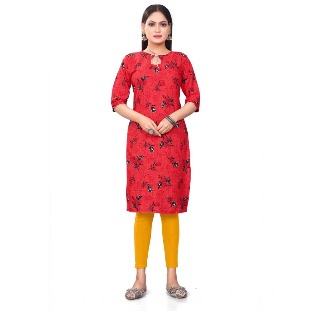 Generic Women's Casual 3/4th Sleeve Floral Print Polyester Knee Length Straight Kurti (Red)