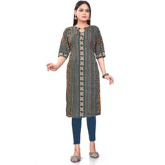 Generic Women's Casual 3/4th Sleeve Paisley Polyester Knee Length Straight Kurti (Green)