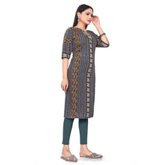 Generic Women's Casual 3/4th Sleeve Paisley Polyester Knee Length Straight Kurti (Blue)