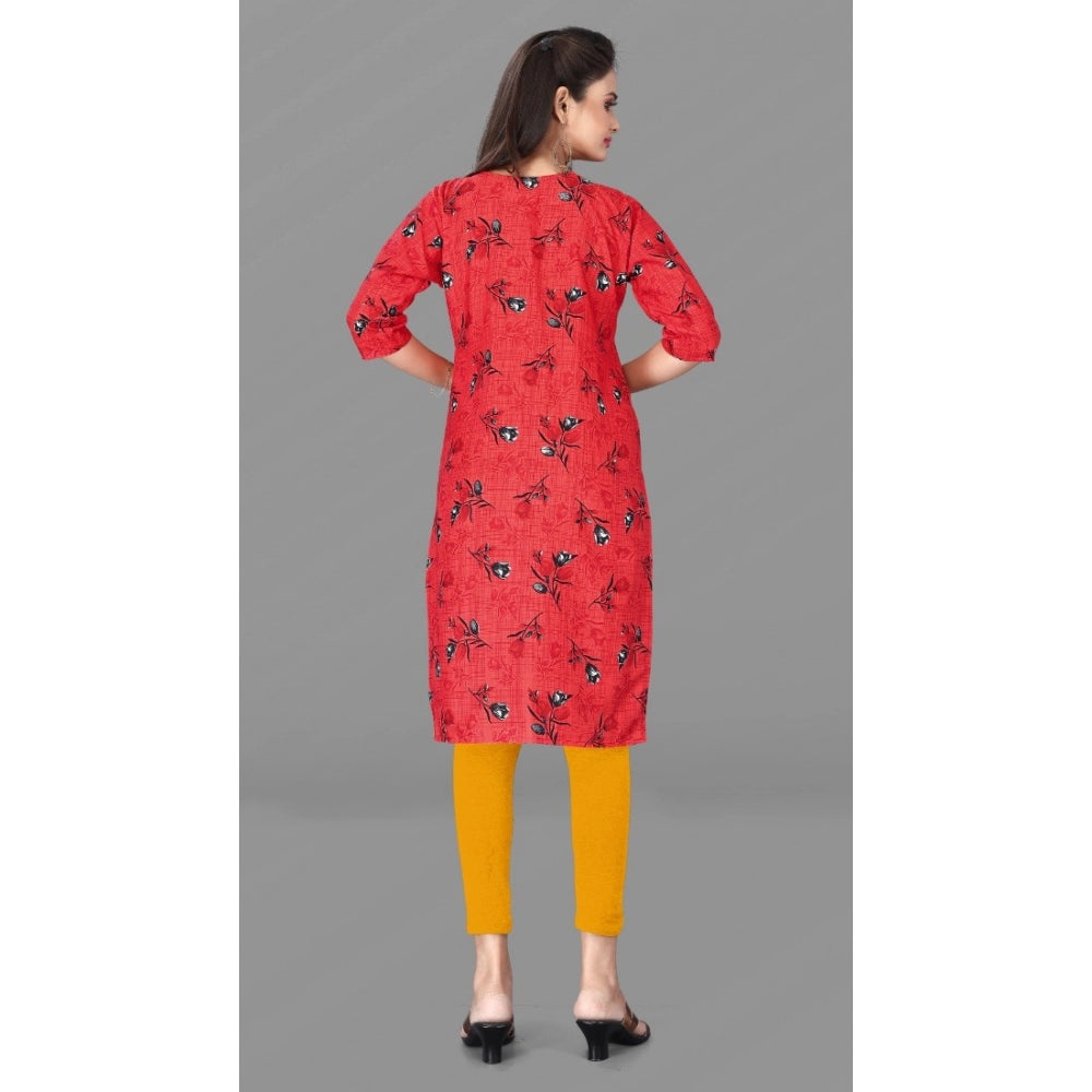 Generic Women's Casual 3/4th Sleeve Floral Print Polyester Knee Length Straight Kurti (Red)