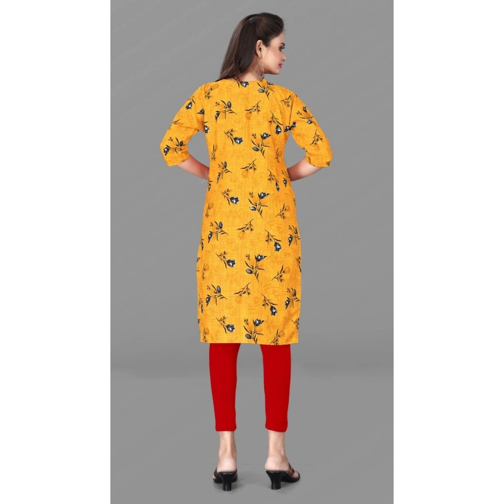 Generic Women's Casual 3/4th Sleeve Floral Print Polyester Knee Length Straight Kurti (Yellow)