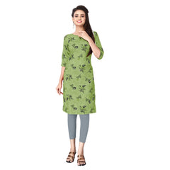 Generic Women's Casual 3/4th Sleeve Floral Print Polyester Knee Length Straight Kurti (Green)