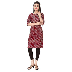 Generic Women's Casual 3/4th Sleeve Geometric Print Polyester Knee Length Straight Kurti (Red)