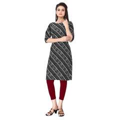 Generic Women's Casual 3/4th Sleeve Geometric Print Polyester Knee Length Straight Kurti (Black)