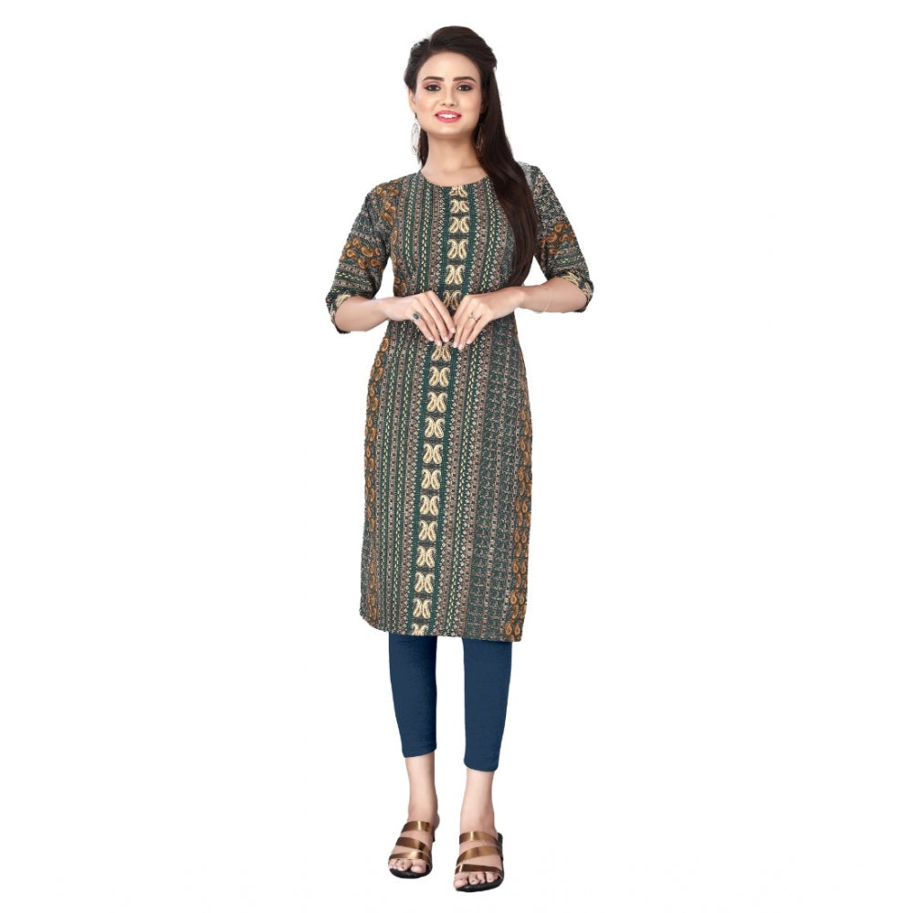 Generic Women's Casual 3/4th Sleeve Paisley Polyester Knee Length Straight Kurti (Green)