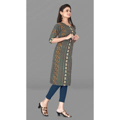 Generic Women's Casual 3/4th Sleeve Paisley Polyester Knee Length Straight Kurti (Green)