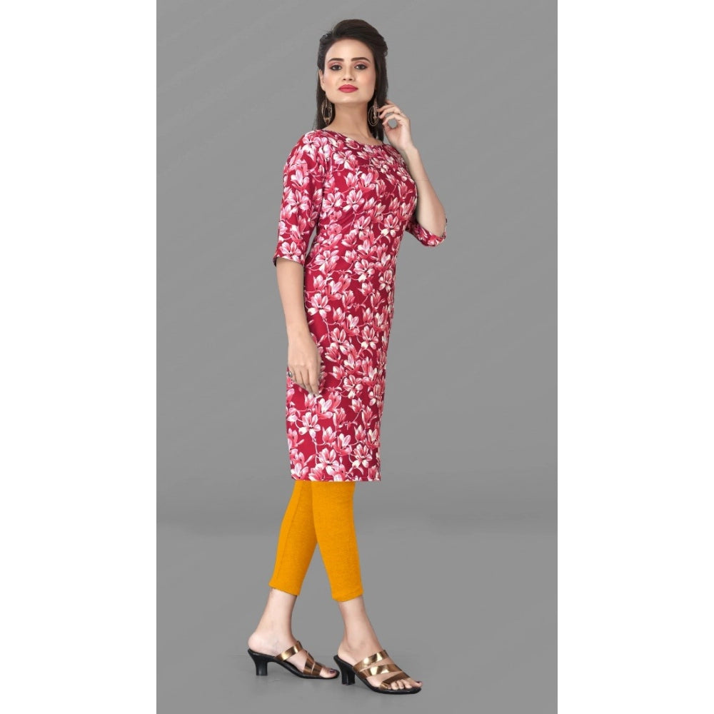 Generic Women's Casual 3/4th Sleeve Floral Print Polyester Knee Length Straight Kurti (Red)