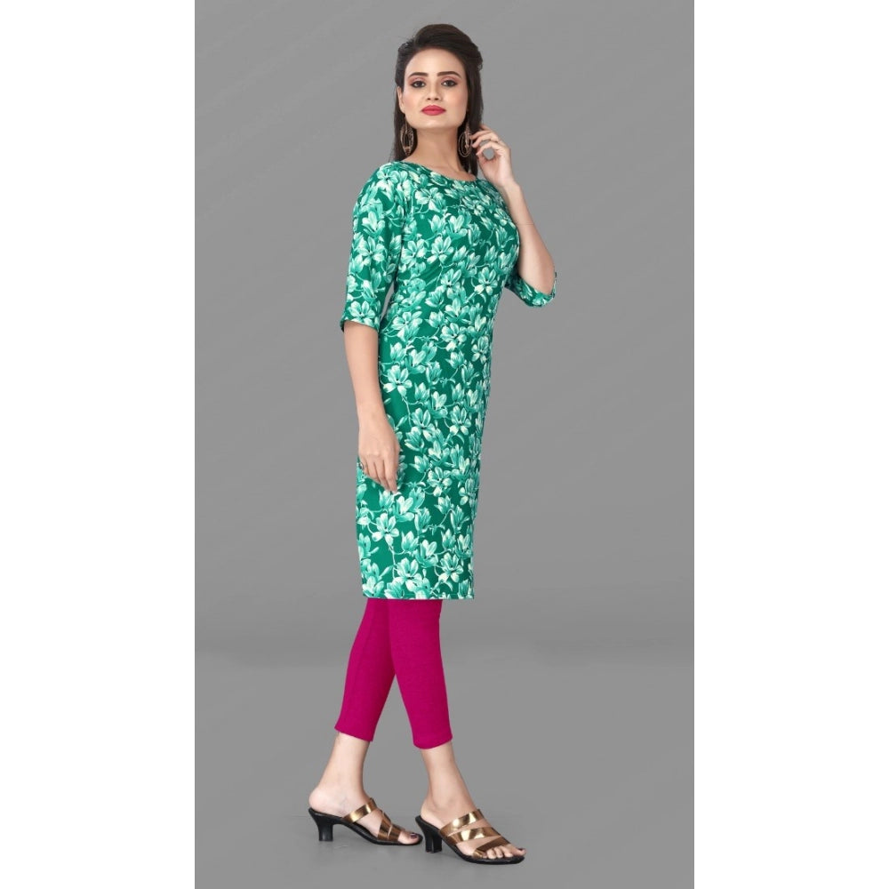 Generic Women's Casual 3/4th Sleeve Floral Print Polyester Knee Length Straight Kurti (Green)