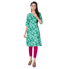 Generic Women's Casual 3/4th Sleeve Floral Print Polyester Knee Length Straight Kurti (Green)