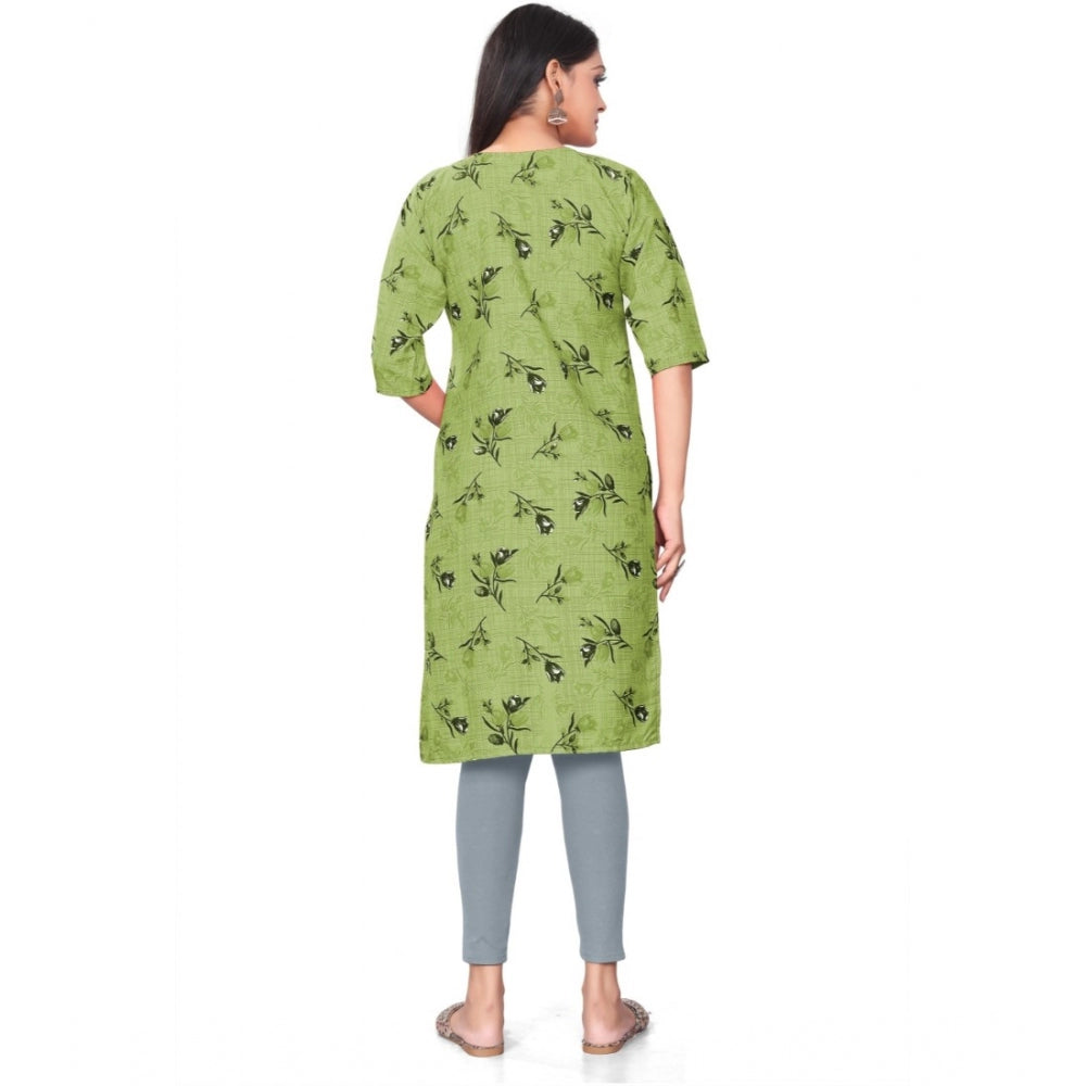 Generic Women's Casual 3/4th Sleeve Floral Print Polyester Knee Length Straight Kurti (Green)