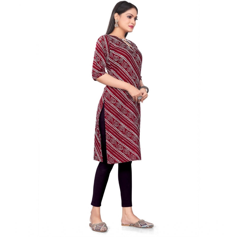 Generic Women's Casual 3/4th Sleeve Geometric Print Polyester Calf Length Straight Kurti (Red)