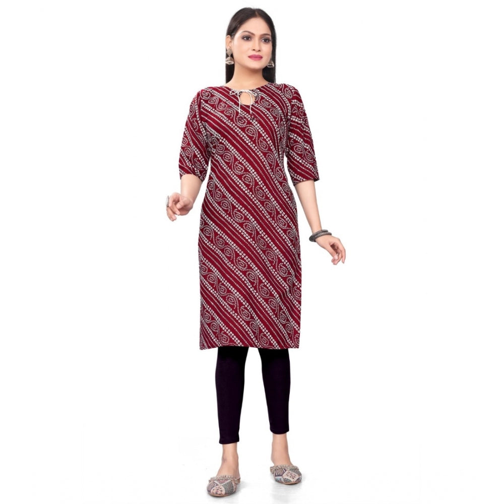 Generic Women's Casual 3/4th Sleeve Geometric Print Polyester Calf Length Straight Kurti (Red)