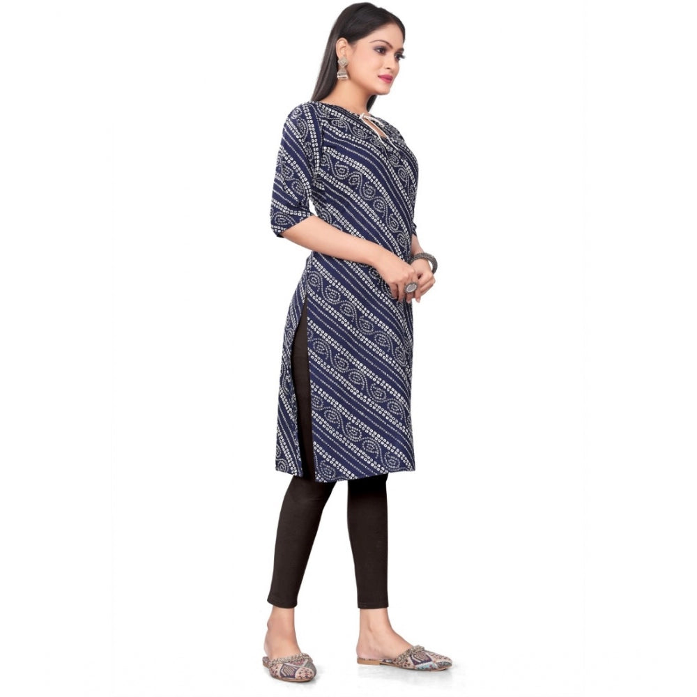 Generic Women's Casual 3/4th Sleeve Geometric Print Polyester Calf Length Straight Kurti (Blue)