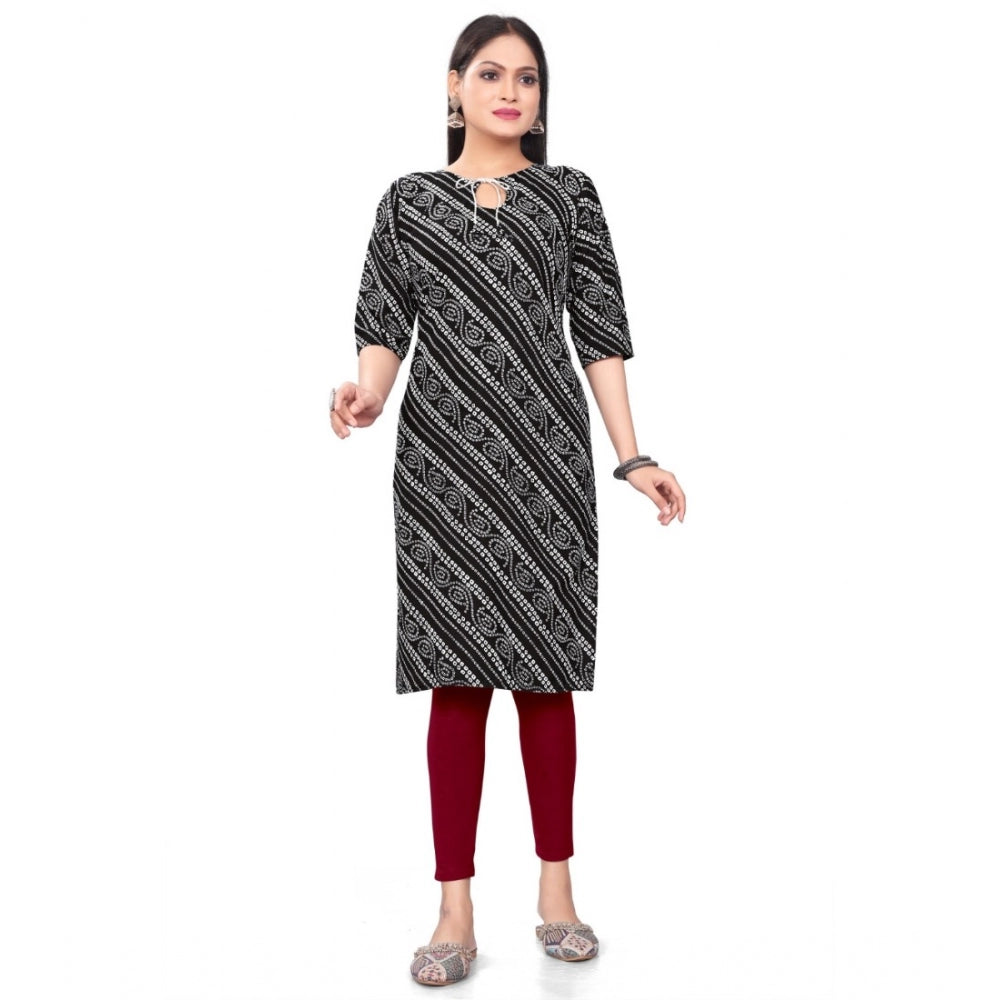 Generic Women's Casual 3/4th Sleeve Geometric Print Polyester Calf Length Straight Kurti (Black)