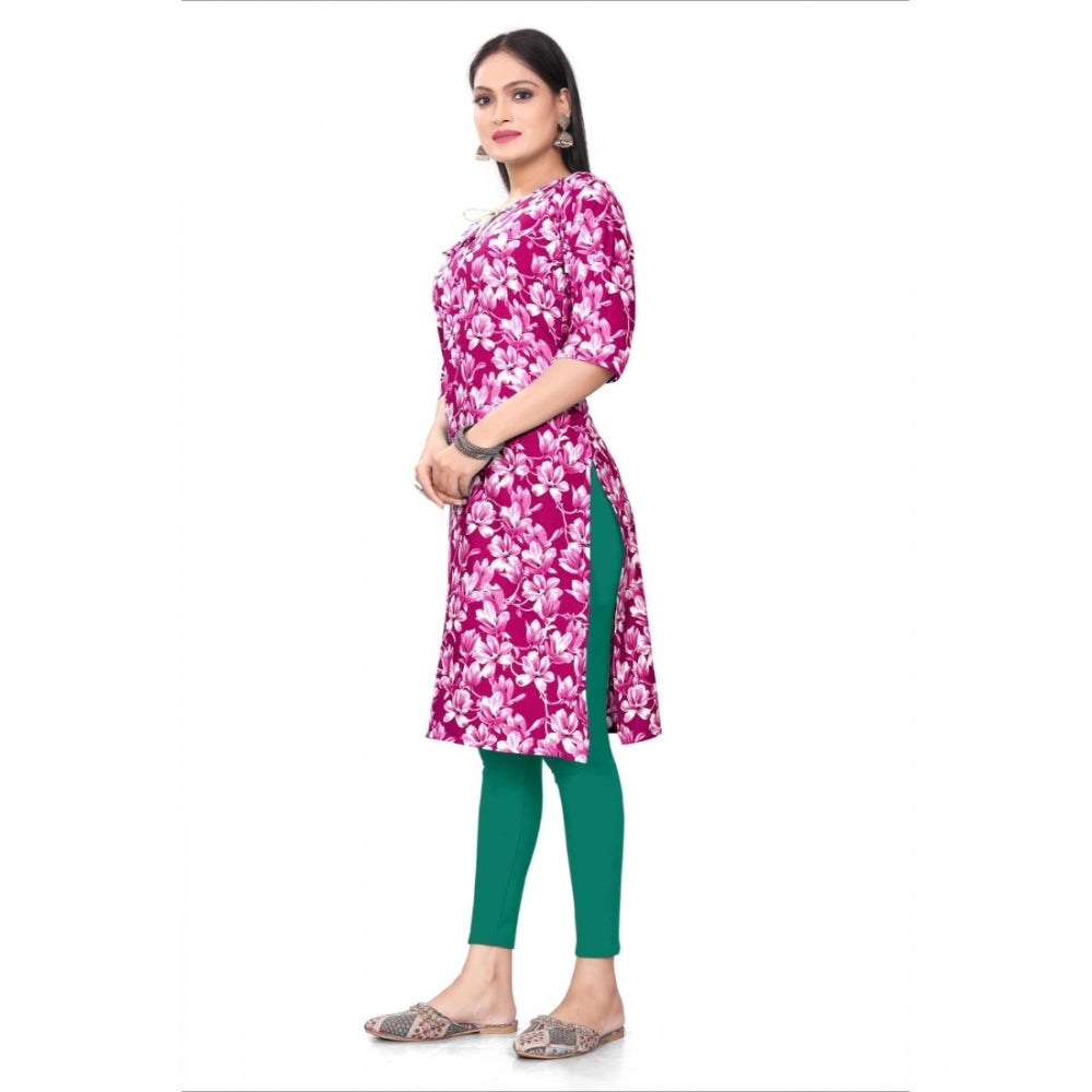 Generic Women's Casual 3/4th Sleeve Floral Print Polyester Knee Length Straight Kurti (Rani)