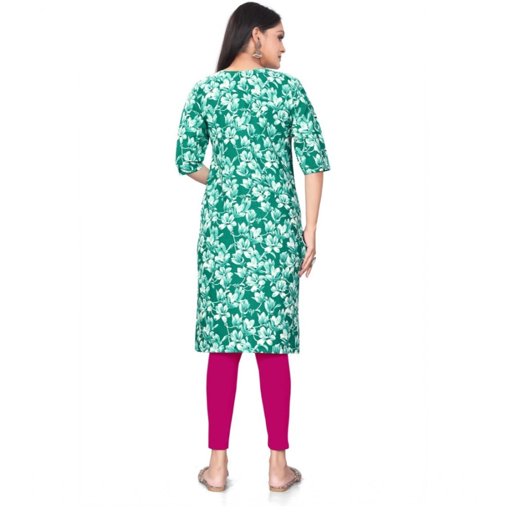 Generic Women's Casual 3/4th Sleeve Floral Print Polyester Knee Length Straight Kurti (Green)