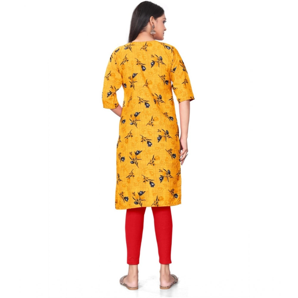 Generic Women's Casual 3/4th Sleeve Floral Print Polyester Knee Length Straight Kurti (Yellow)