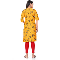 Generic Women's Casual 3/4th Sleeve Floral Print Polyester Knee Length Straight Kurti (Yellow)