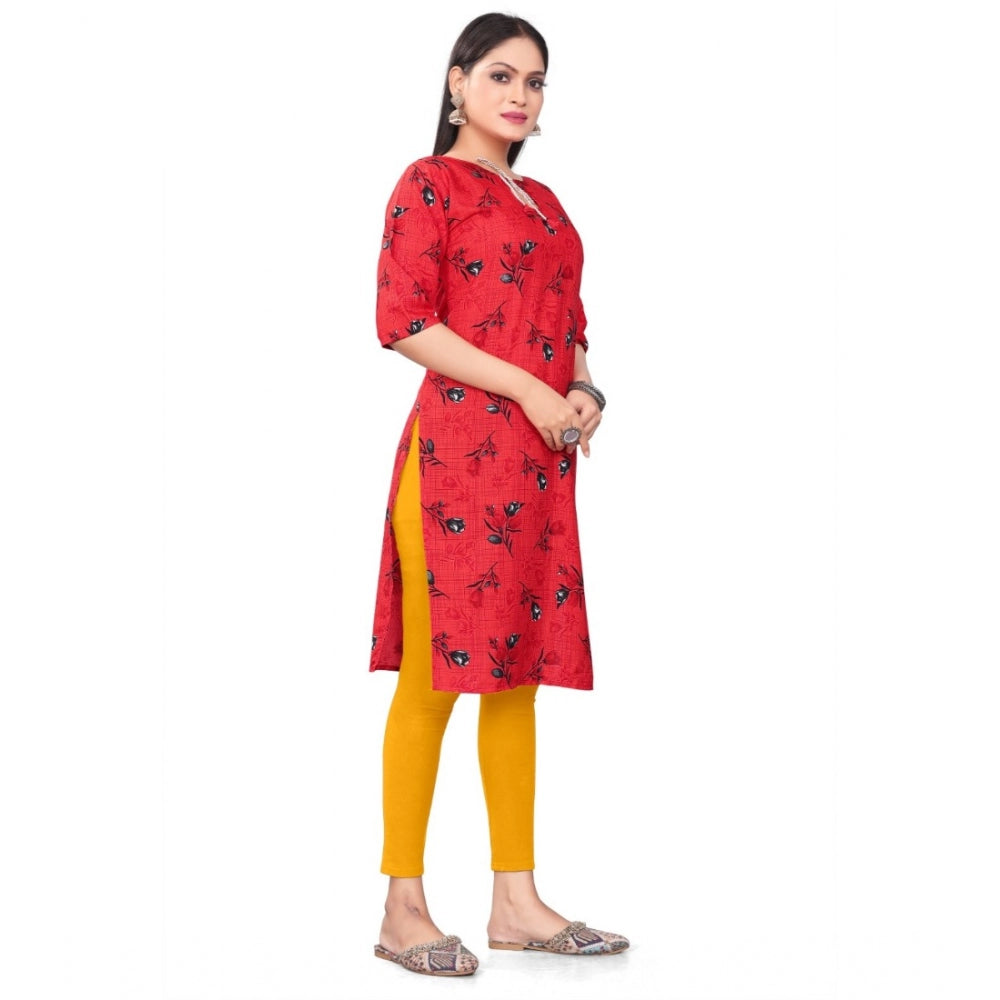 Generic Women's Casual 3/4th Sleeve Floral Print Polyester Knee Length Straight Kurti (Red)