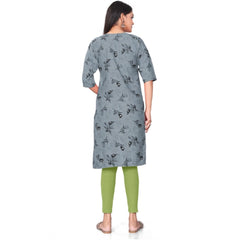 Generic Women's Casual 3/4th Sleeve Floral Print Polyester Knee Length Straight Kurti (Grey)