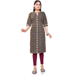 Generic Women's Casual 3/4th Sleeve Paisley Polyester Knee Length Straight Kurti (Maroon)