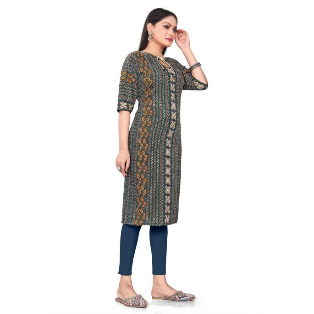 Generic Women's Casual 3/4th Sleeve Paisley Polyester Knee Length Straight Kurti (Green)