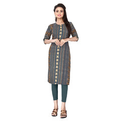 Generic Women's Casual 3/4th Sleeve Paisley Polyester Knee Length Straight Kurti (Blue)