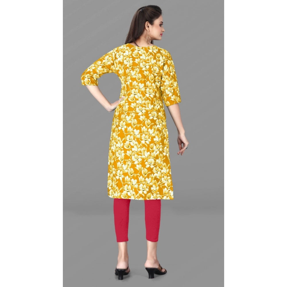 Generic Women's Casual 3/4th Sleeve Floral Print Polyester Knee Length Straight Kurti (Yellow)