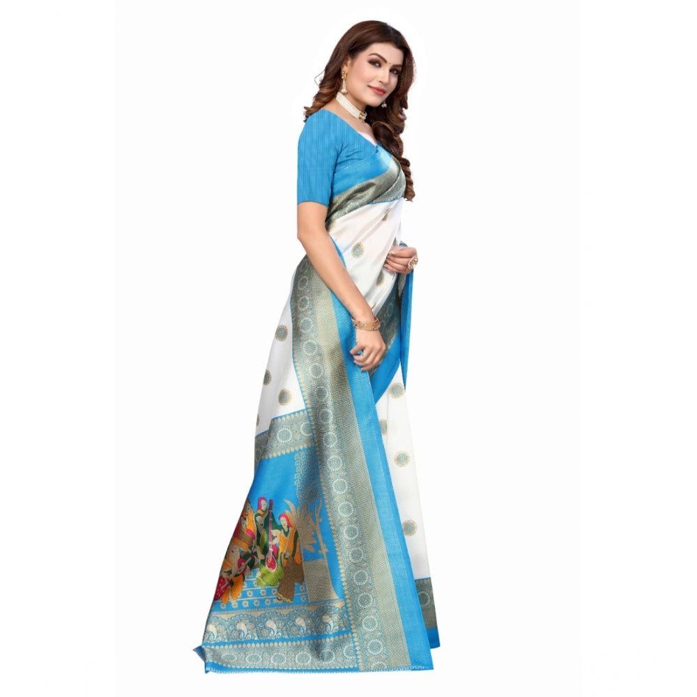 Generic Women's Art Silk Printed Saree With Unstitched Blouse (Blue, 5-6 Mtrs)