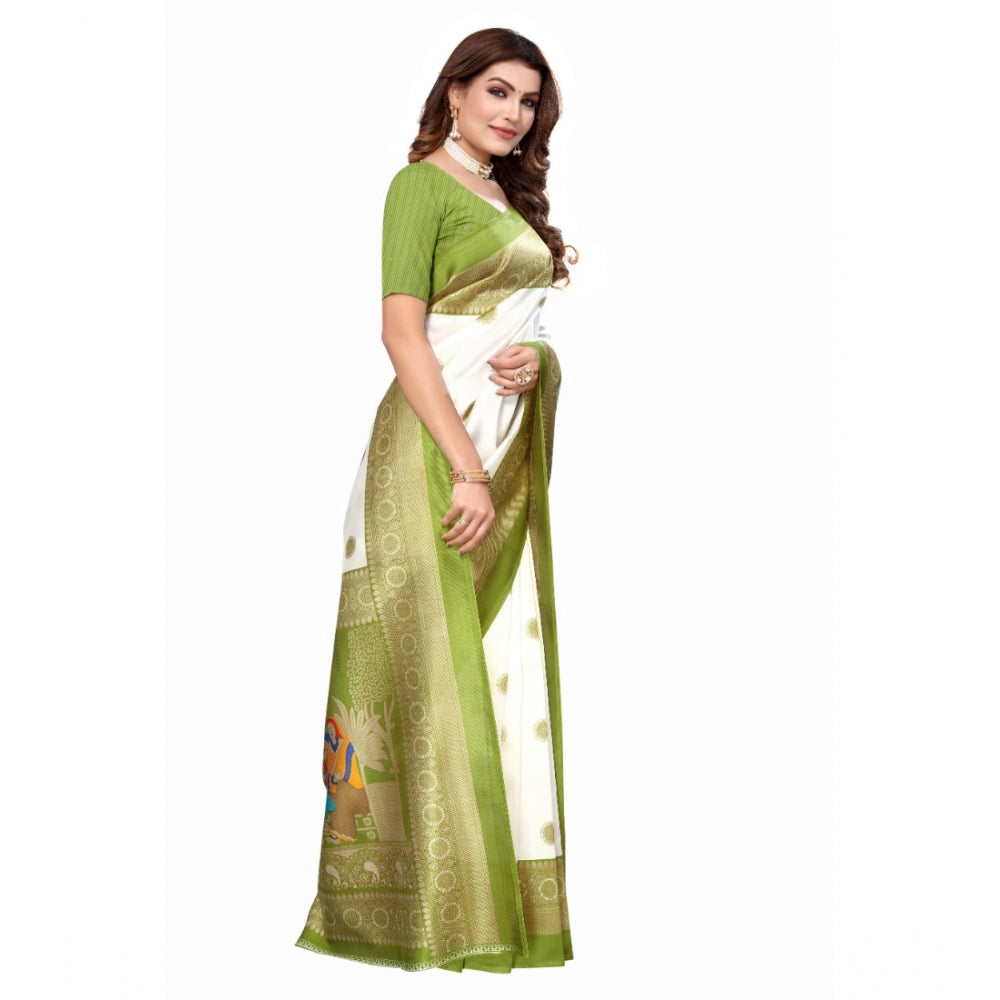 Generic Women's Art Silk Printed Saree With Unstitched Blouse (Green, 5-6 Mtrs)