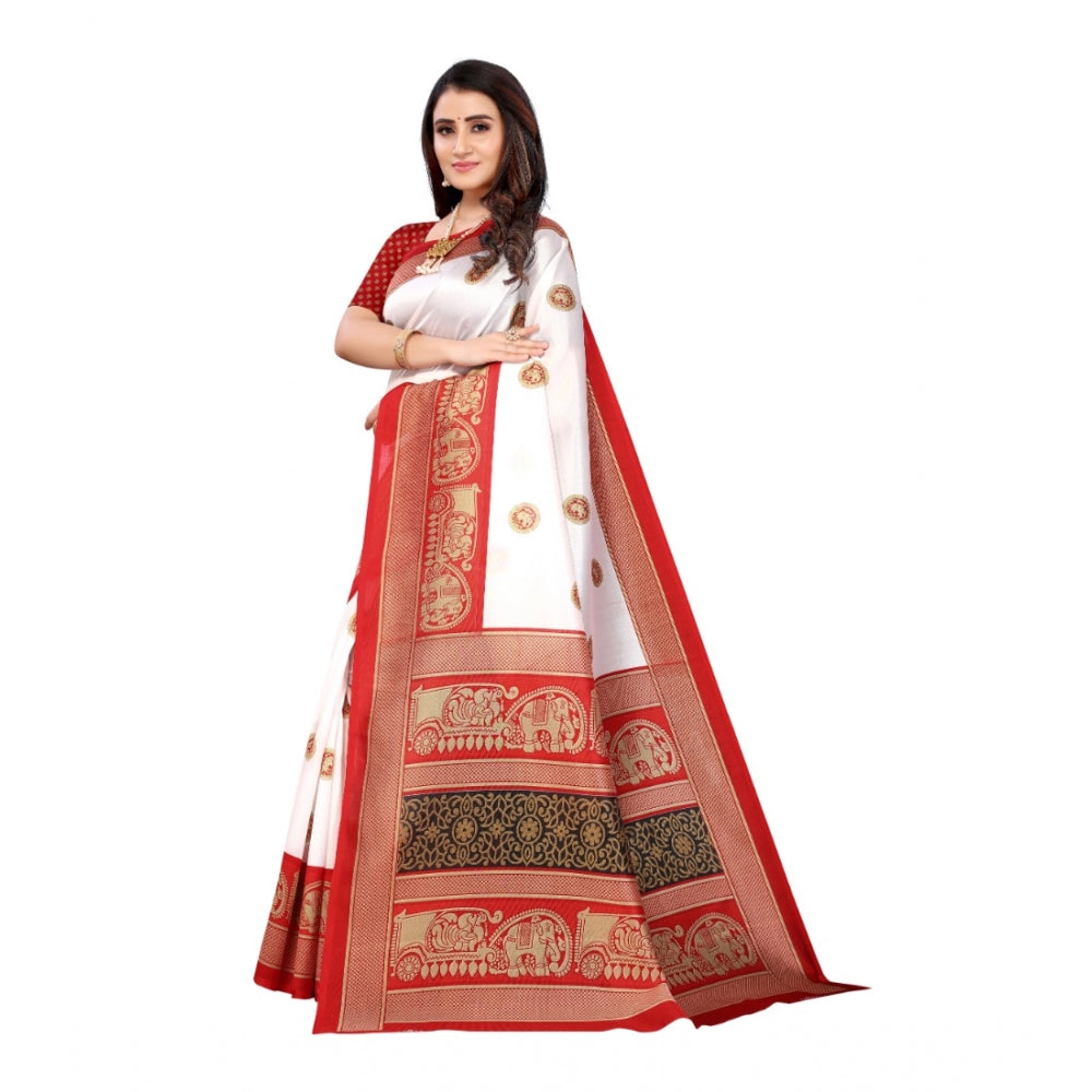 Generic Women's Art Silk Printed Saree With Unstitched Blouse (Red, 5-6 Mtrs)