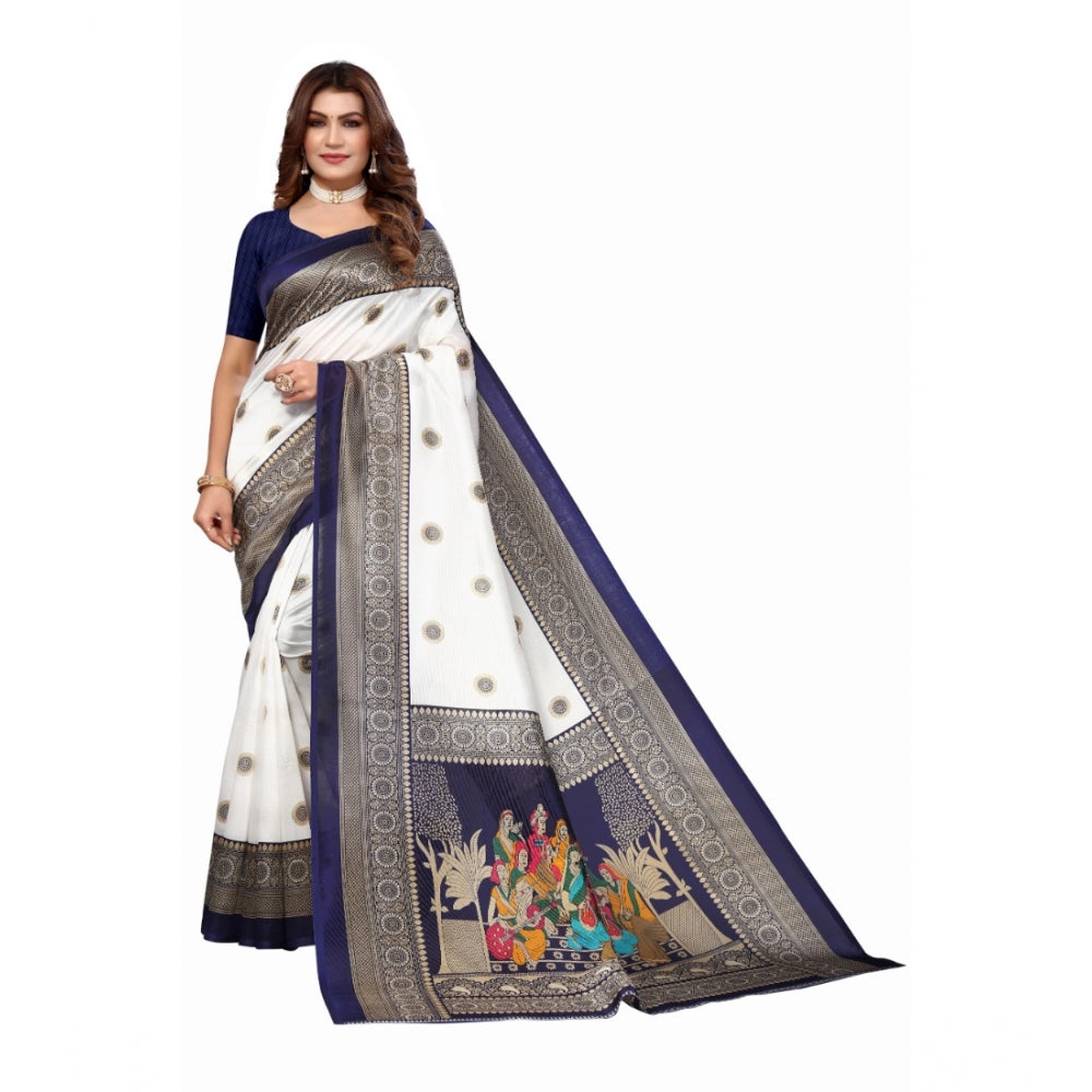 Generic Women's Art Silk Printed Saree With Unstitched Blouse (Navy Blue, 5-6 Mtrs)