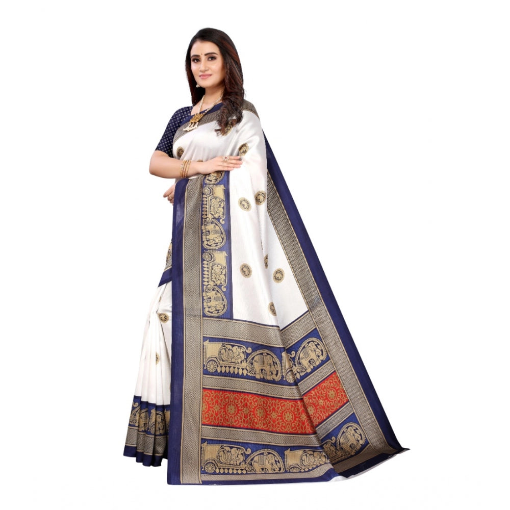 Generic Women's Art Silk Printed Saree With Unstitched Blouse (Navy Blue, 5-6 Mtrs)