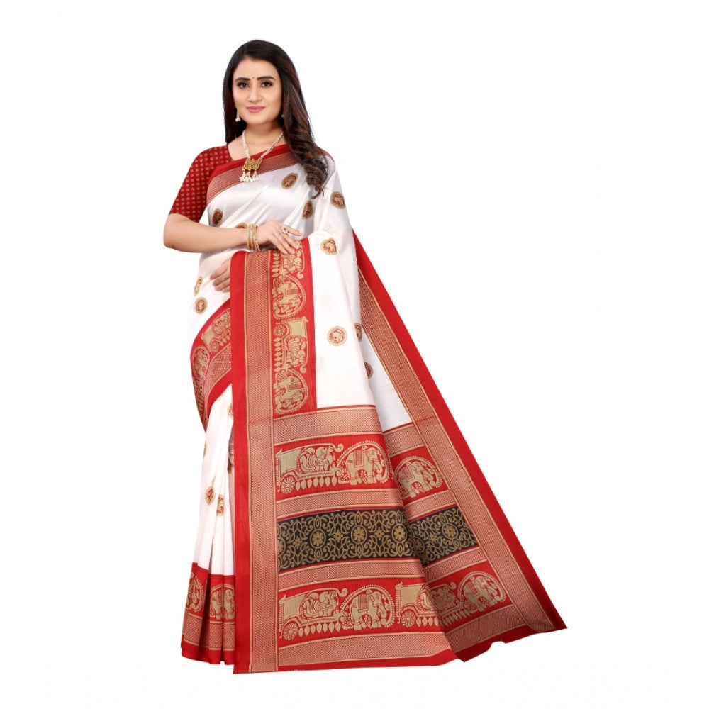 Generic Women's Art Silk Printed Saree With Unstitched Blouse (Red, 5-6 Mtrs)