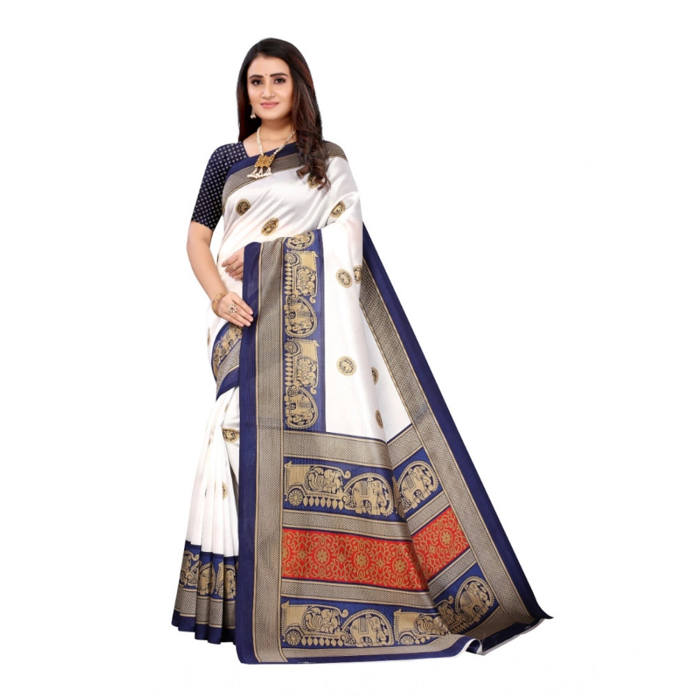 Generic Women's Art Silk Printed Saree With Unstitched Blouse (Navy Blue, 5-6 Mtrs)