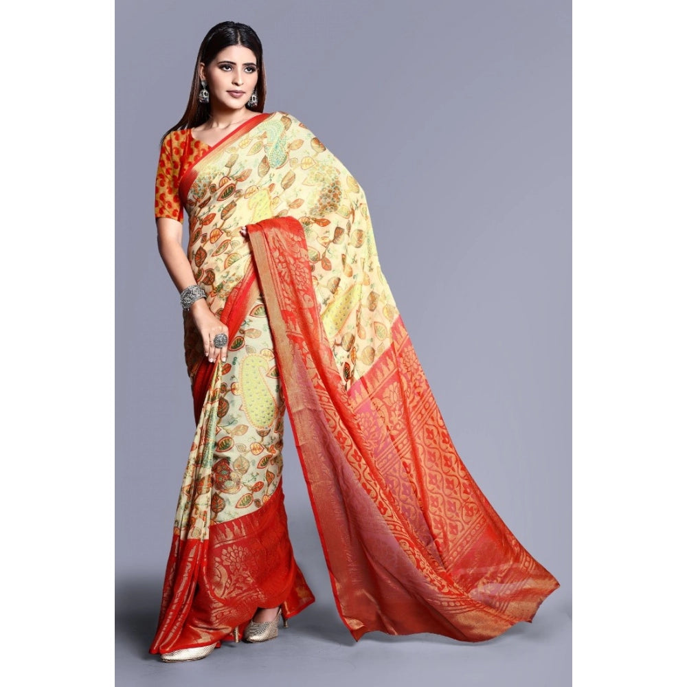 Generic Women's Viscose Rayon Printed Saree With Unstitched Blouse (Red)