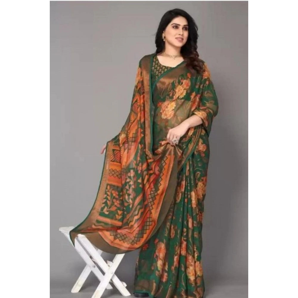 Generic Women's Viscose Rayon Printed Saree With Unstitched Blouse (Green)