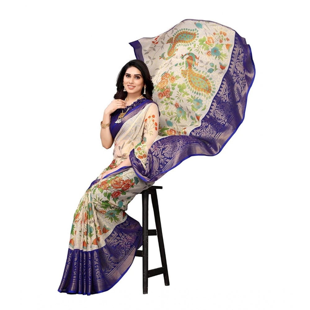 Generic Women's Viscose Rayon Printed Saree With Unstitched Blouse (Blue)