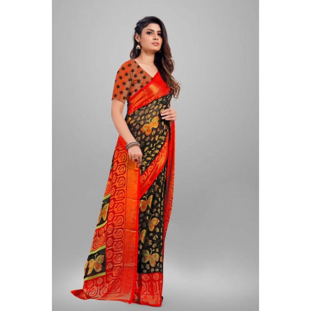 Generic Women's Viscose Rayon Printed Saree With Unstitched Blouse (Black)