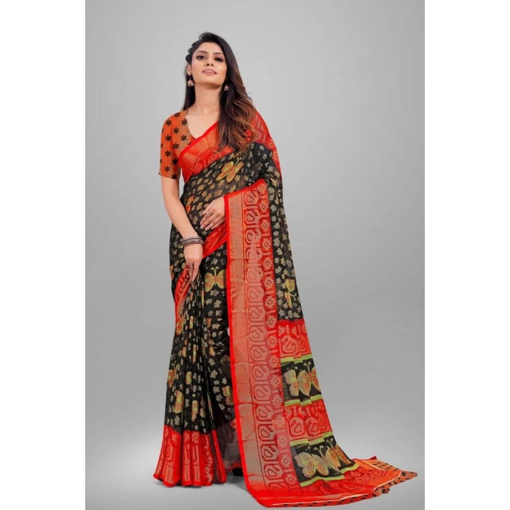 Generic Women's Viscose Rayon Printed Saree With Unstitched Blouse (Black)