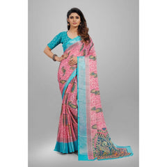 Generic Women's Viscose Rayon Printed Saree With Unstitched Blouse (Pink)