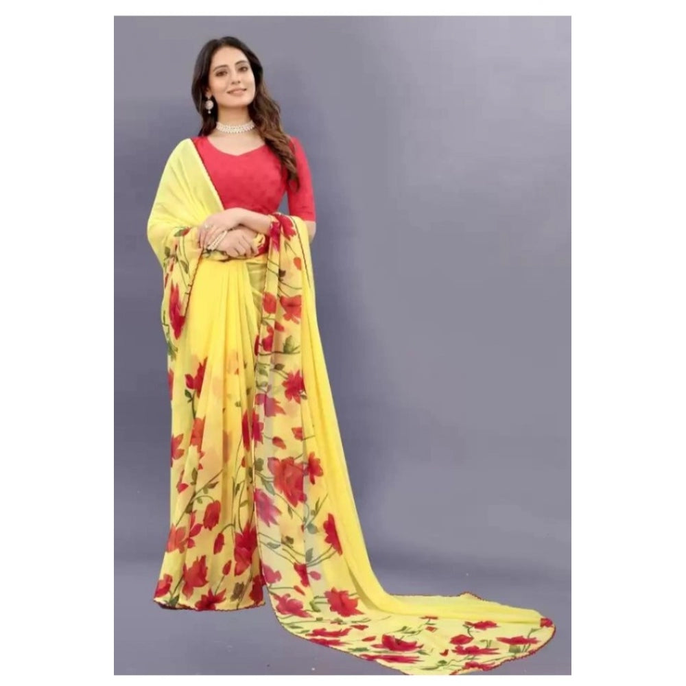 Generic Women's Georgette Printed Saree With Unstitched Blouse (Yellow)