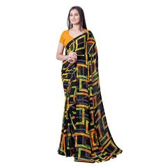 Generic Women's Georgette Printed Saree With Unstitched Blouse (Yellow)