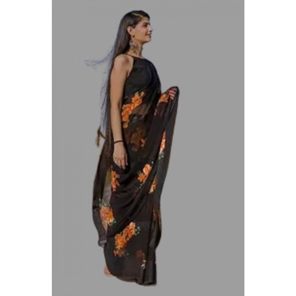 Generic Women's Sattin Patta Printed Saree With Unstitched Blouse (Orange)