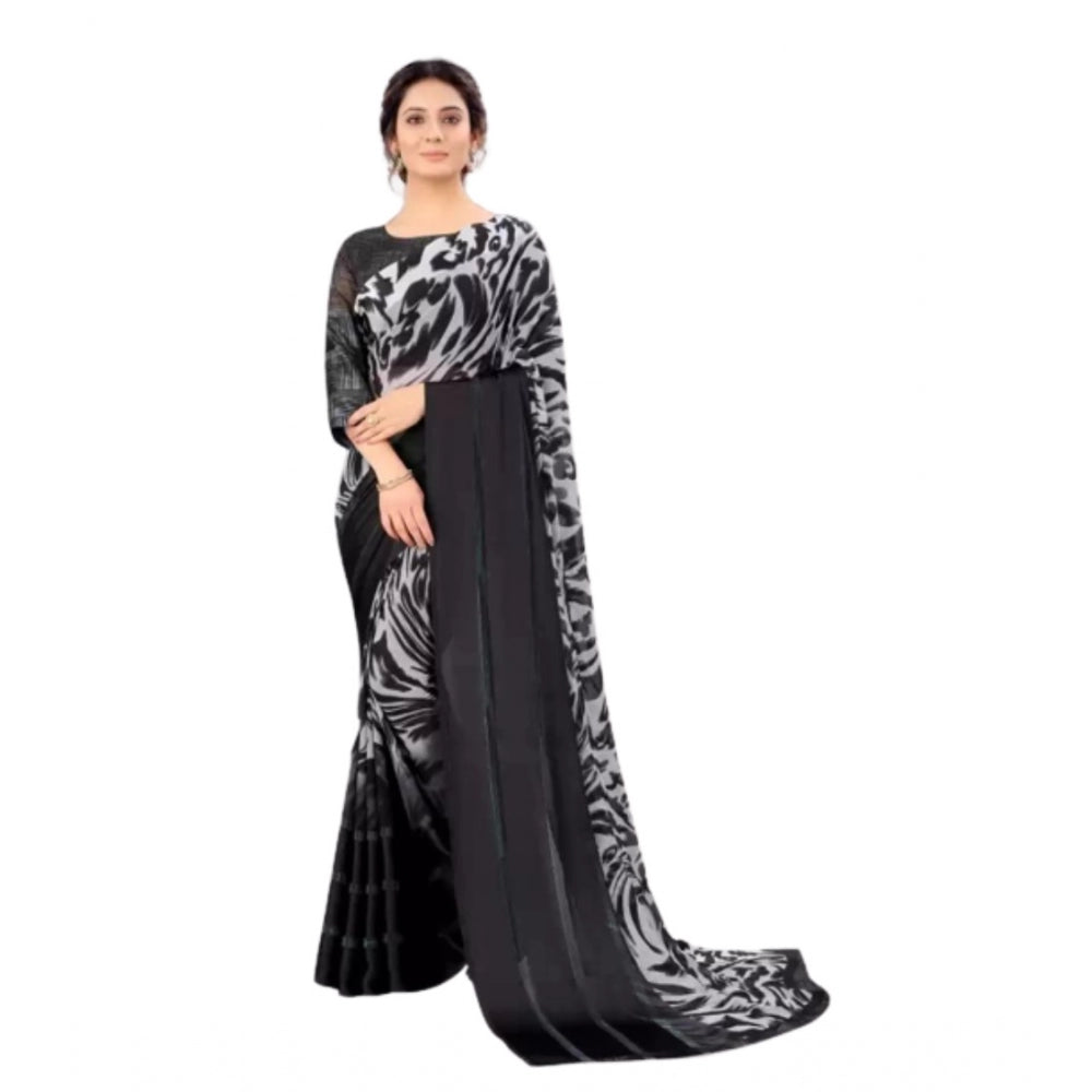 Generic Women's Sattin Patta Printed Saree With Unstitched Blouse (Grey)