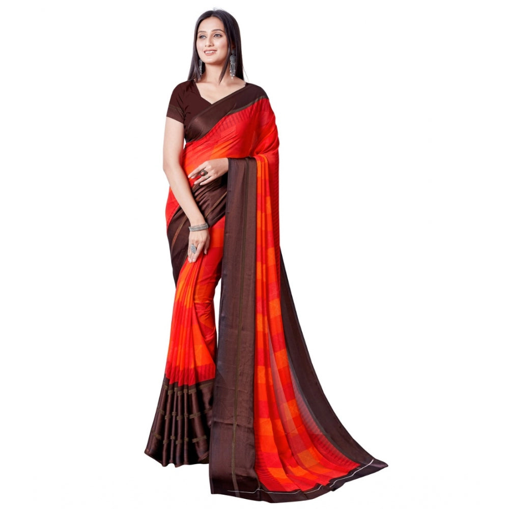 Generic Women's Sattin Patta Printed Saree With Unstitched Blouse (Red)