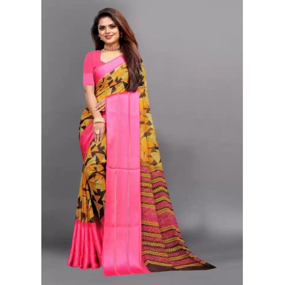 Generic Women's Sattin Patta Printed Saree With Unstitched Blouse (Pink)